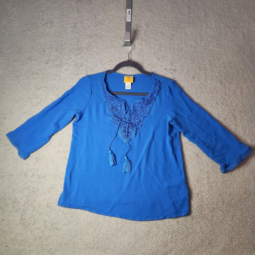 Ruby Rd Petite Blue Pullover Blouse - tie neck and 3/4 length sleeves Size 12P